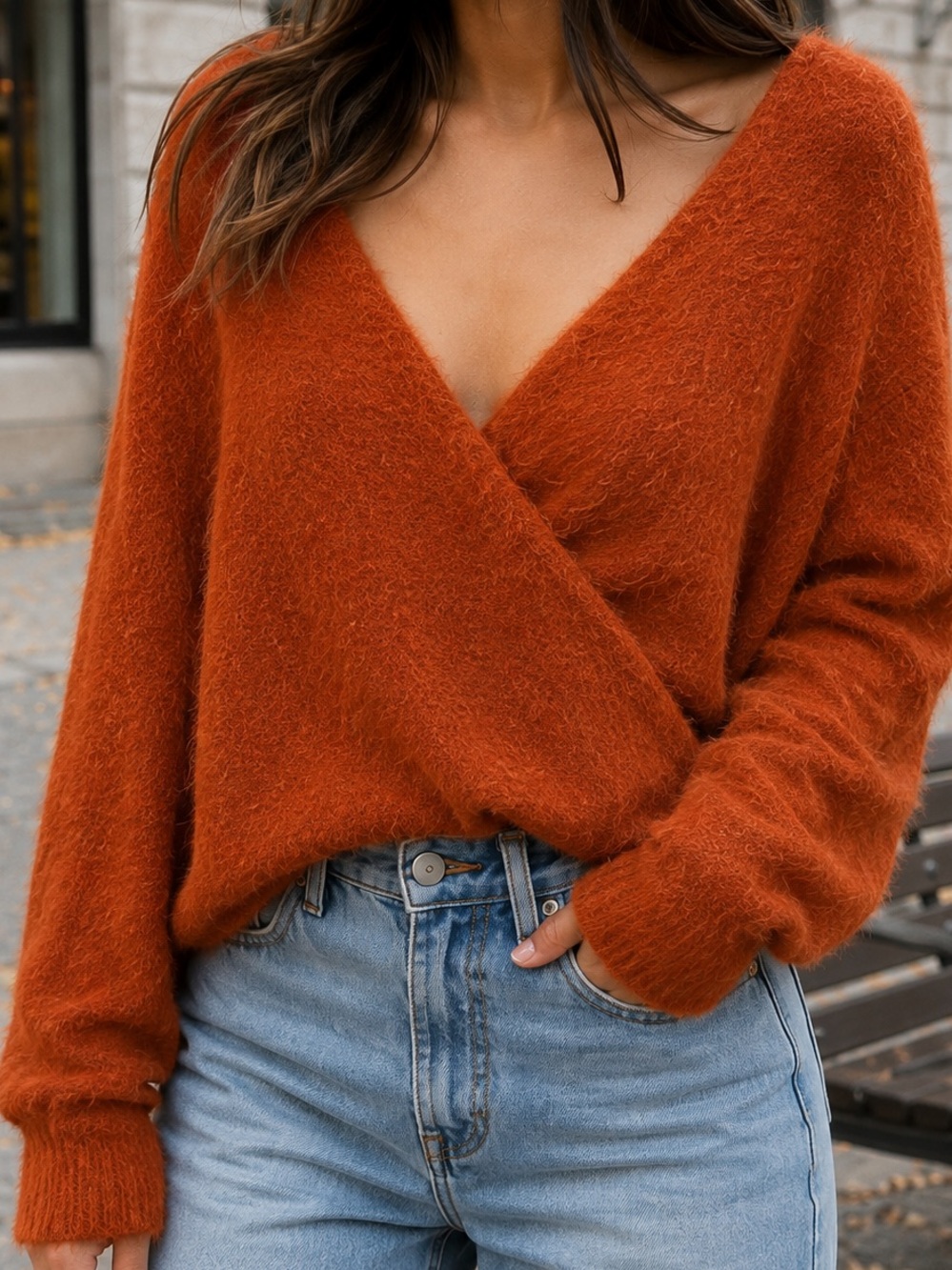 Fuzzy and Soft Reversable le Cache-Coeur Wrap Sweater - Rust Orange